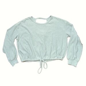 Hollister Waffle Knit Top Cinch Tie Waist Sea foam/ Mint Round Neck Open Back